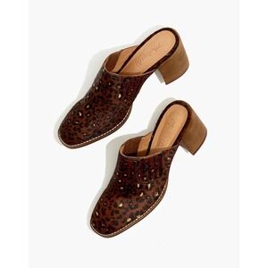 Madewell Harper Mules 8.5 Leopard Print Calf Hair Block Heel Slip On Brown G1046